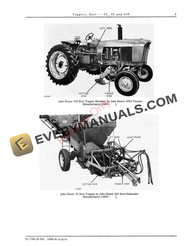 John Deere Beet Toppers – 32, 42, 320 Parts Catalog PC796 01JUN65-3