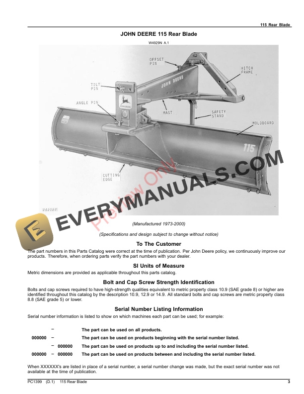 John Deere Blade, Rear – 115 Parts Catalog PC1399 19NOV18-3