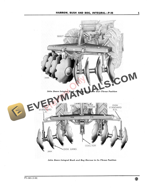 John Deere Bush and Bog Integral Harrow P-98 Parts Catalog PC383 01MAR58-3