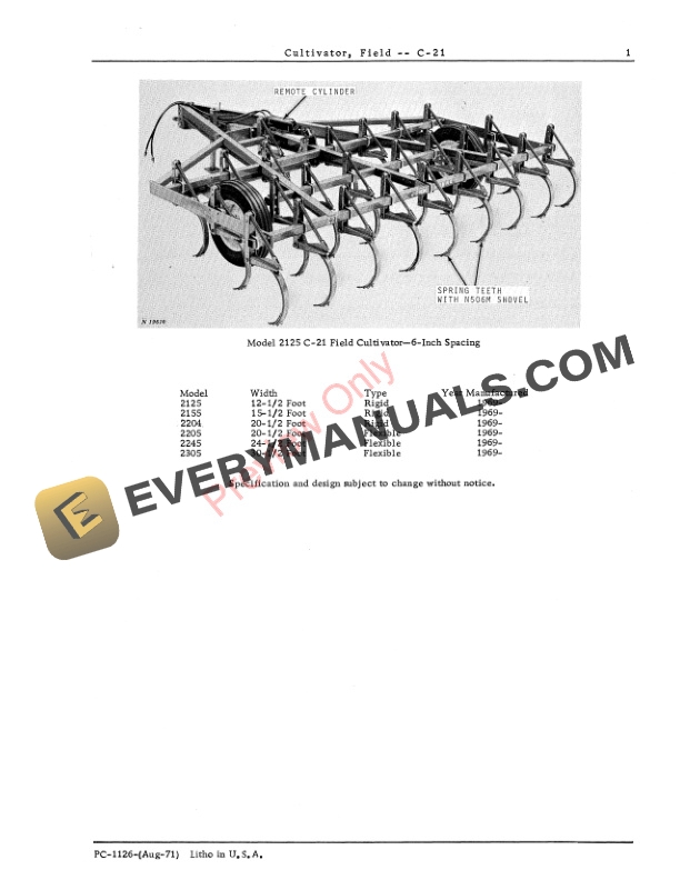 John Deere C 21 Series Field Cultivator Parts Catalog PC1126 01AUG71 3