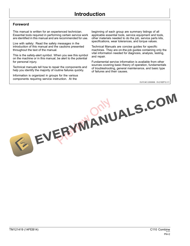 John Deere C110 Combine Technical Manual TM121419 18DEC14 2