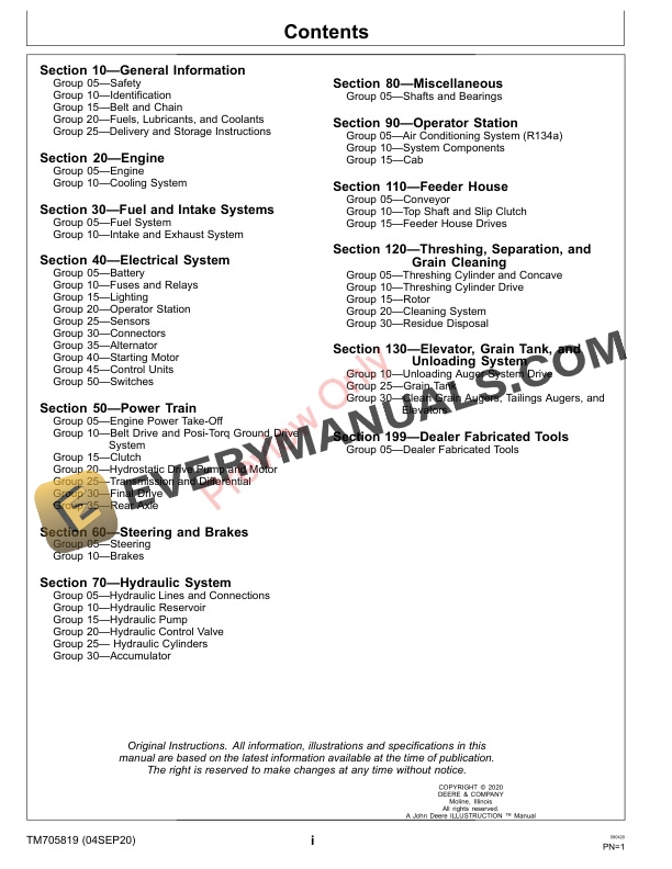 John Deere C120 Combine Repair Technical Manual TM705819 04SEP20 3