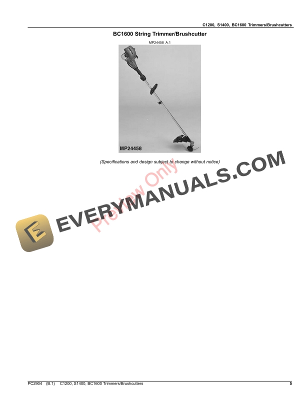 John Deere C1200, S1400 AND BC1600 TRIMMERSBRUSHCUTTERS Parts Catalog PC2904 01APR16-5