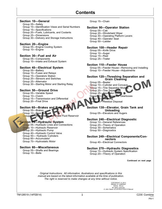 John Deere C230 Combine (010000-) Technical Manual TM128519 17DEC14 5 John Deere C230 Combine 010000 Technical Manual TM128519 17DEC14 3