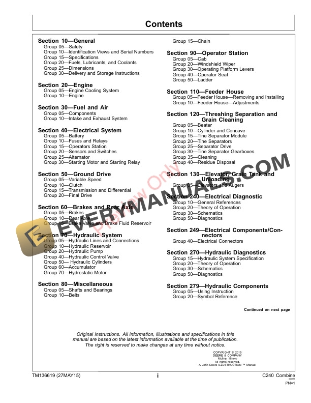 John Deere C240 Combine Technical Manual TM136619 27MAY15 3