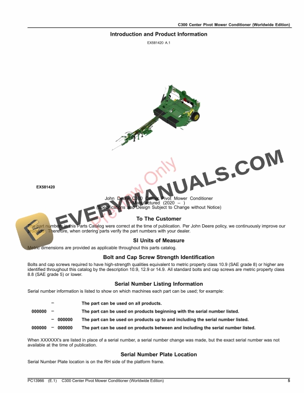 John Deere C300 Center Pivot Mower Conditioner Parts Catalog PC13966 13AUG23-5