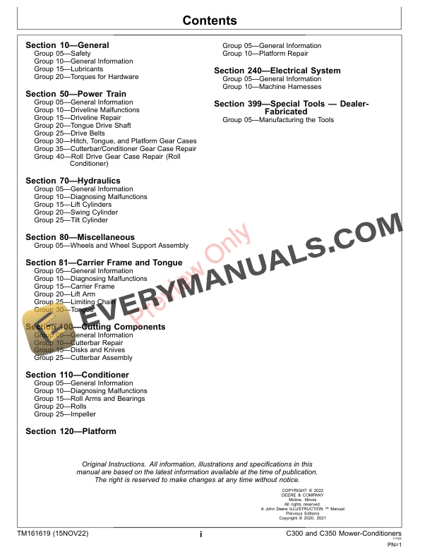 John Deere C300 and C350 Mower Conditioners Repair Technical Manual TM161619 15NOV22 3