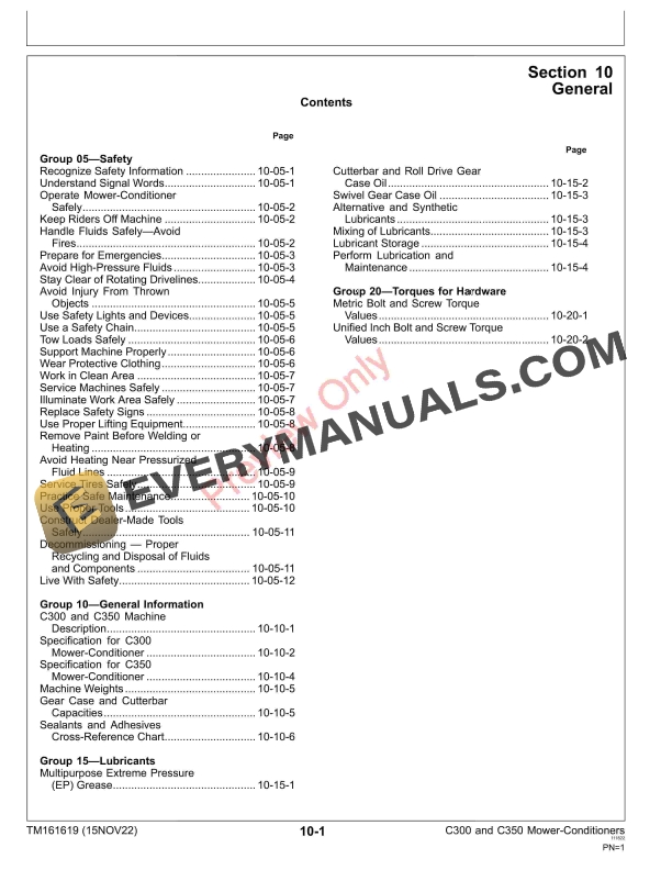 John Deere C300 and C350 Mower Conditioners Repair Technical Manual TM161619 15NOV22 5