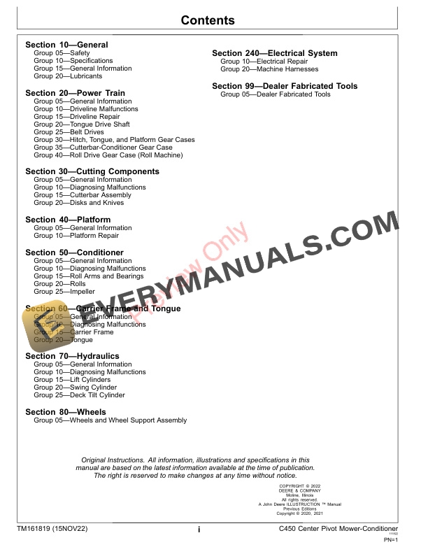 John Deere C450 Center Pivot Rotary Mower Conditioner Repair Technical Manual TM161819 15NOV22 3