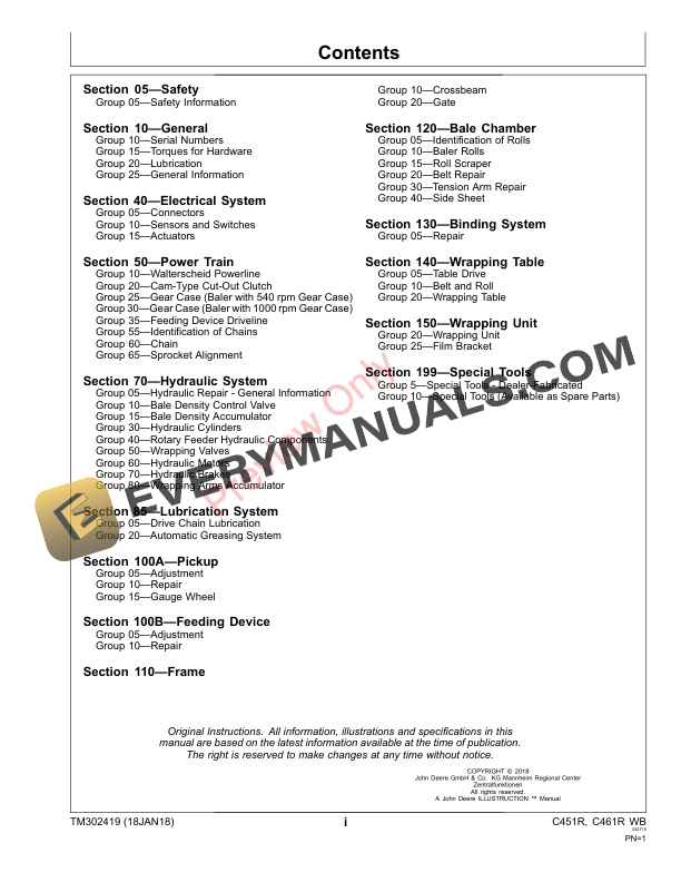 John Deere C451R and C461R Wrapping Balers Repair Technical Manual TM302419 18JAN18 3