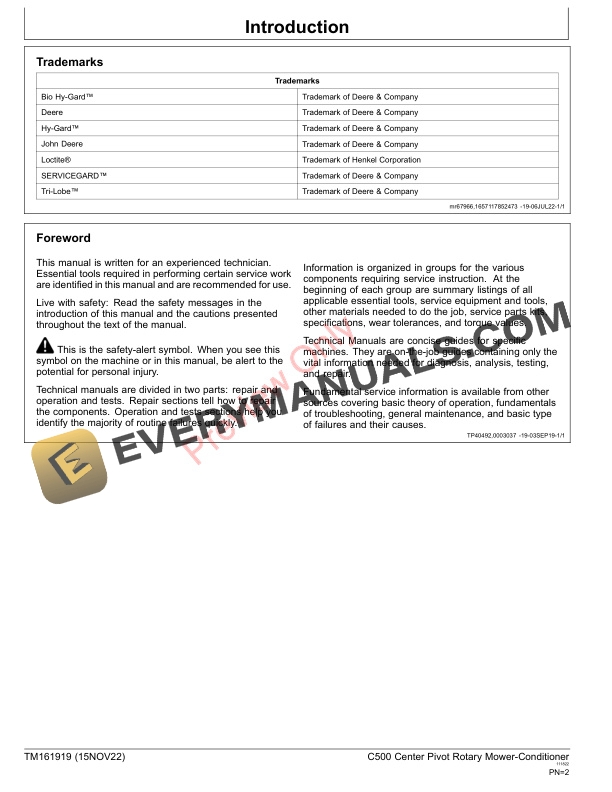 John Deere C500 Center Pivot Rotary Mower Conditioner Repair Technical Manual TM161919 15NOV22 2