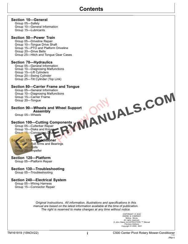 John Deere C500 Center Pivot Rotary Mower Conditioner Repair Technical Manual TM161919 15NOV22 3