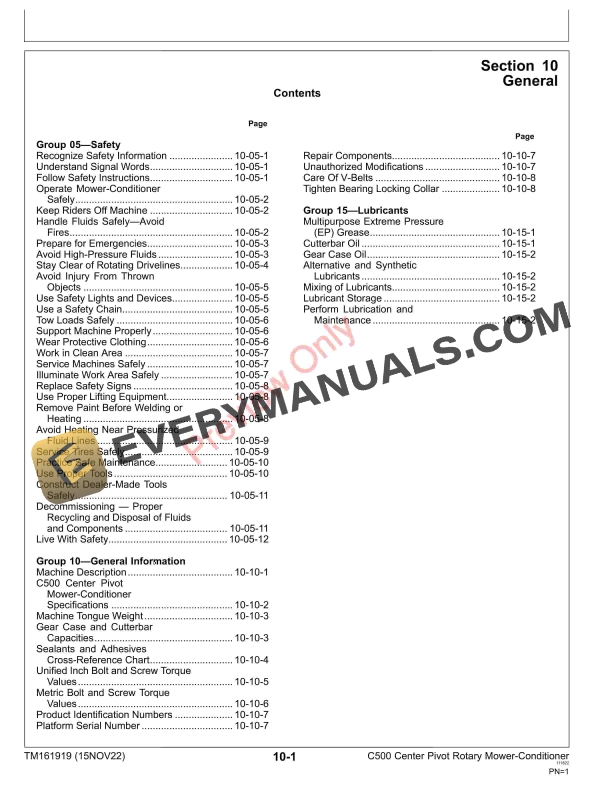 John Deere C500 Center Pivot Rotary Mower Conditioner Repair Technical Manual TM161919 15NOV22 5