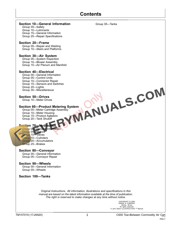 John Deere C650 Tow Between Commodity Air Cart Diagnostic Repair Technical Manual TM157019 17JAN20 3