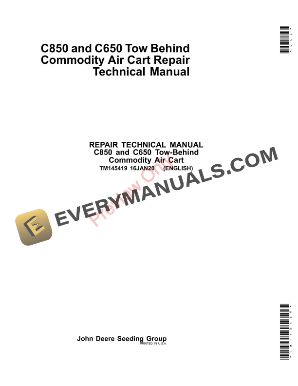 John Deere C850 and C650 Tow Behind Commodity Air Cart Repair Technical Manual TM145419 16JAN20-1