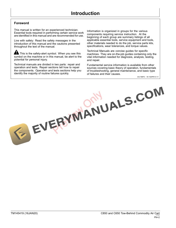 John Deere C850 and C650 Tow Behind Commodity Air Cart Repair Technical Manual TM145419 16JAN20 4 John Deere C850 and C650 Tow Behind Commodity Air Cart Repair Technical Manual TM145419 16JAN20 2