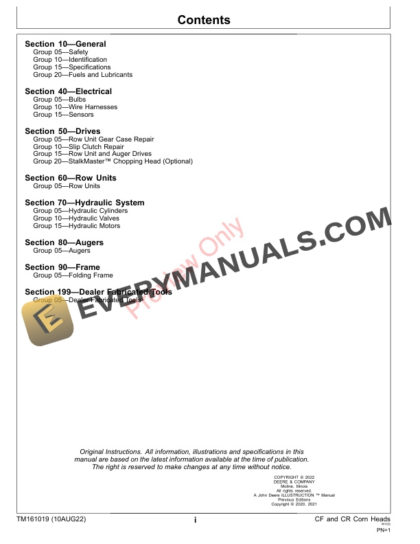 John Deere CF and CR Corn Heads Repair Technical Manual TM161019 10AUG22 3