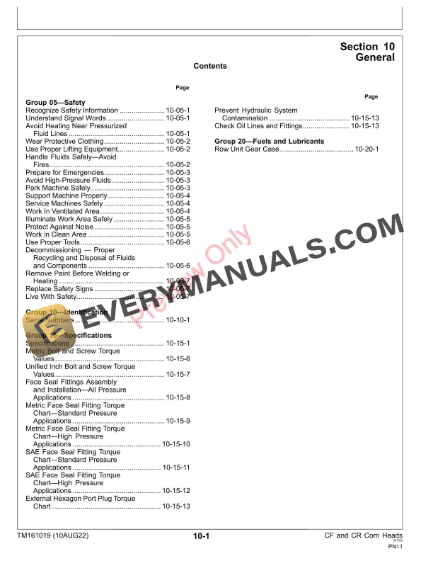 John Deere CF and CR Corn Heads Repair Technical Manual TM161019 10AUG22 5