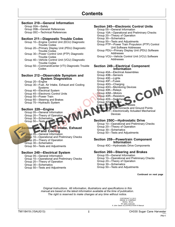 John Deere CH330 Sugar Cane Harvester Technical Manual TM118419 28OCT13 3