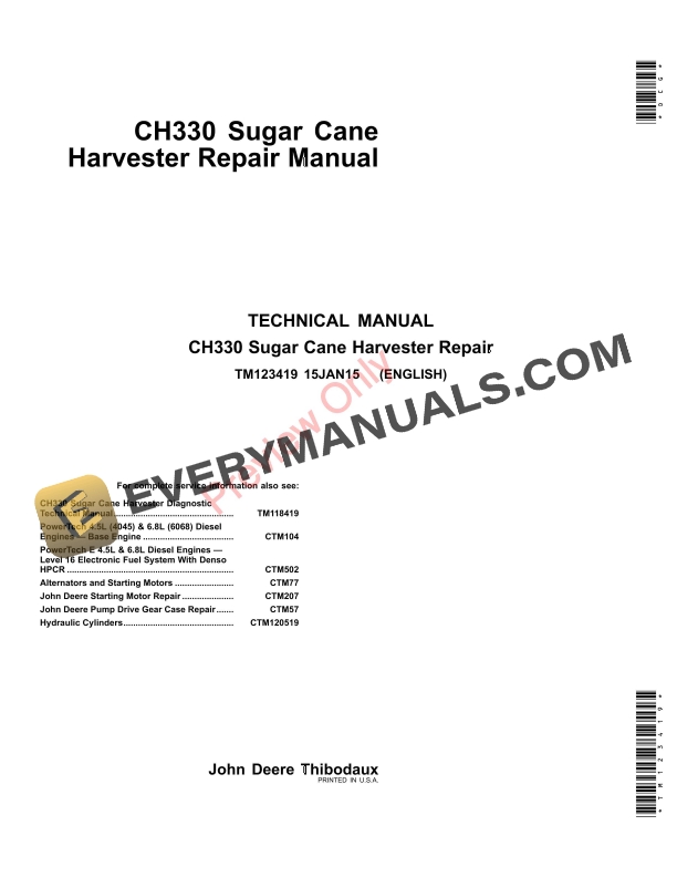 John Deere CH330 Sugar Cane Harvester Technical Manual TM123419 15JAN15-1