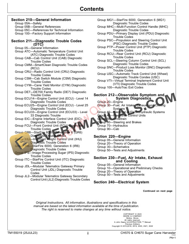 John Deere CH570 and CH670 Sugar Cane Harvester — — Track and Wheel Machines With Stage 2 or 3 Engine Diagnostic Technical Manual TM155019 25JUL23 3
