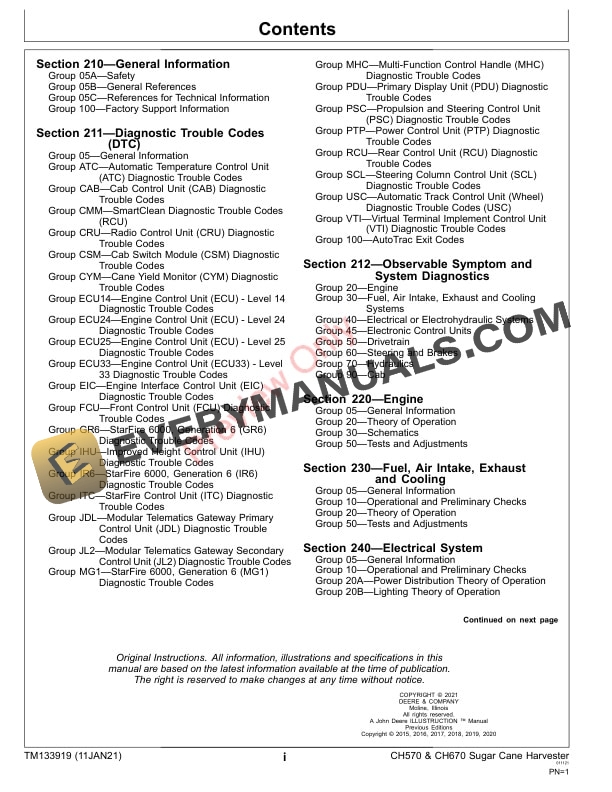 John Deere CH570 and CH670 Sugar Cane Harvester —Track and Wheel Machines Diagnostic Technical Manual TM133919 11JAN21 3