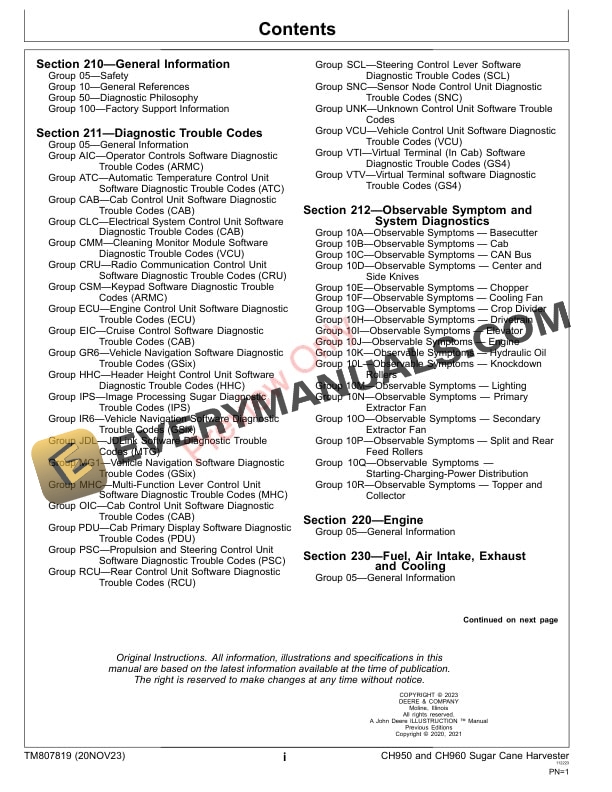 John Deere CH950 and CH960 Sugar Cane Harvester Diagnostic Technical Manual TM807819 01FEB21 3