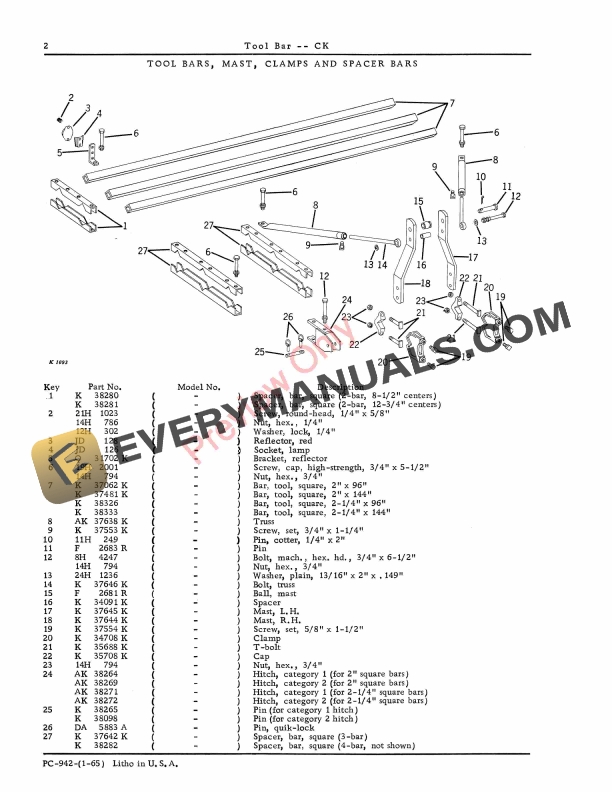 John Deere CK Series Integral Tool Bar Parts Catalog PC942 01JAN65-4
