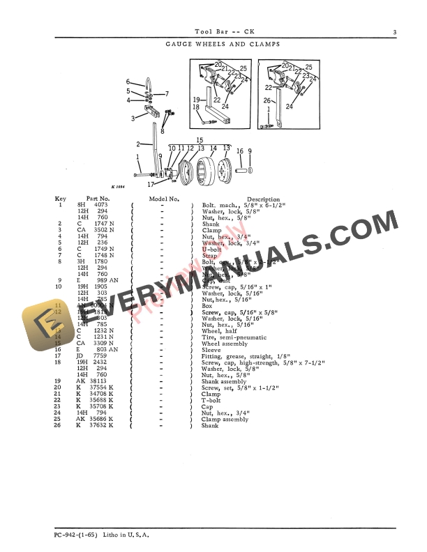 John Deere CK Series Integral Tool Bar Parts Catalog PC942 01JAN65-5