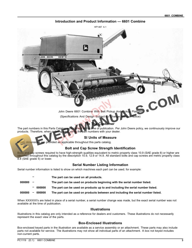 John Deere COMBINE 6601 Parts Catalog PC1119 16NOV23 3