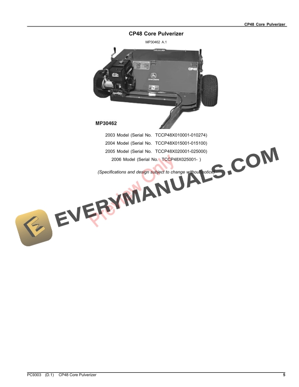 John Deere CP48 CORE PULVERIZER Parts Catalog PC9303 31OCT22-5