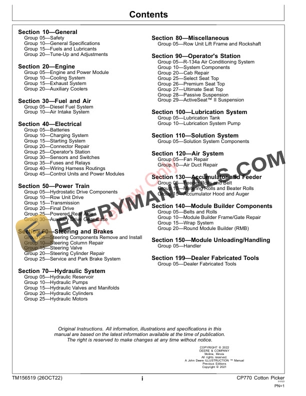 John Deere CP770 Cotton Picker Repair Technical Manual TM156519 26OCT22 3