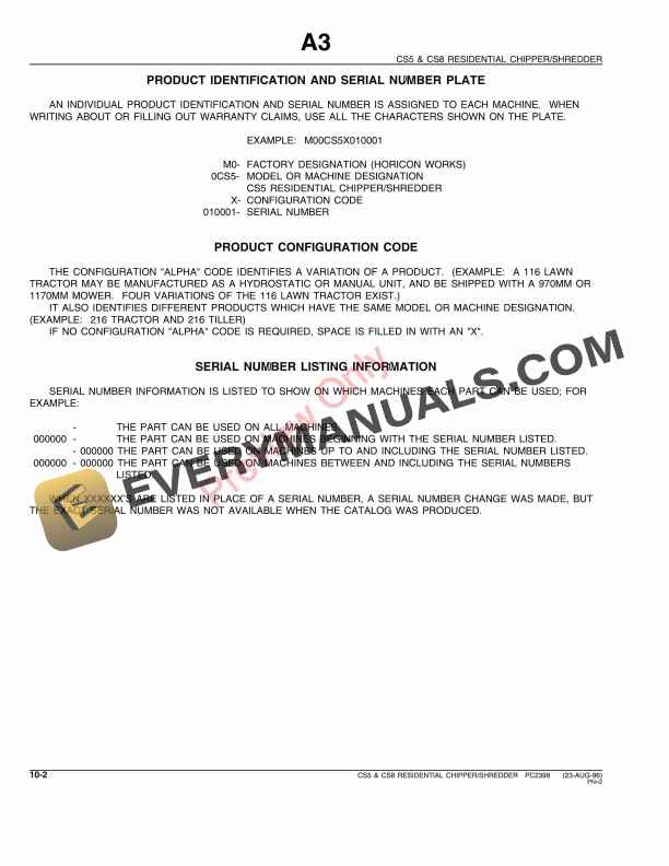 John Deere CS5, CS8 Chipper and Shredder Parts Catalog PC2398 23AUG96-4