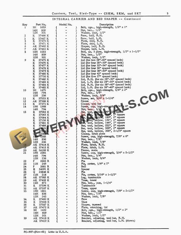John Deere CSKM Sled-Type Drawn Tool Carrier Parts Catalog PC907 01NOV65-5