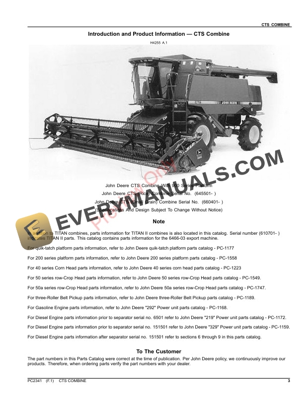 John Deere CTS COMBINE (NORTH AMERICAN VERSION) Parts Catalog PC2341 10SEP26-3