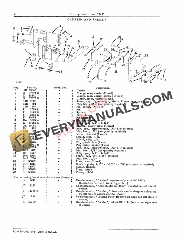 John Deere CWK Herbicide Incorporators Parts Catalog PC952 01NOV65-4
