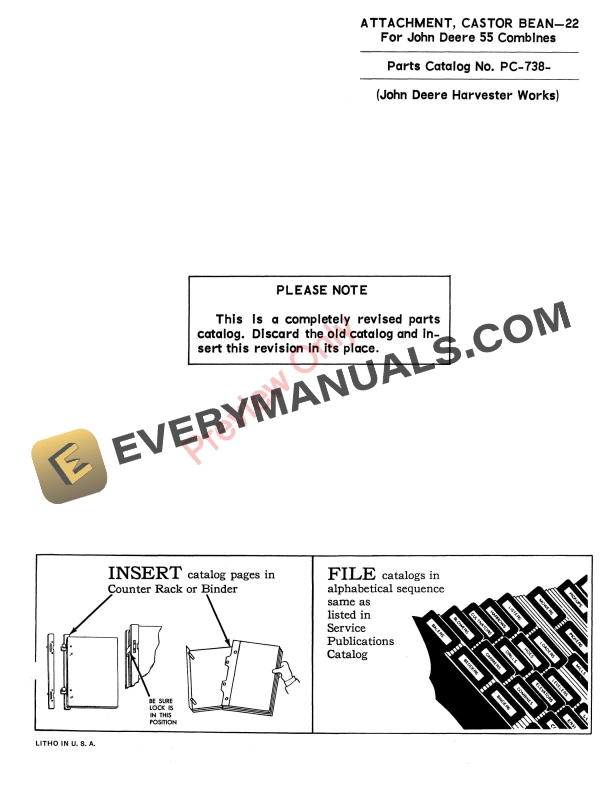 John Deere Castor Bean Attachment – 22 for 55 Combines Parts Catalog PC738 01JAN66-1