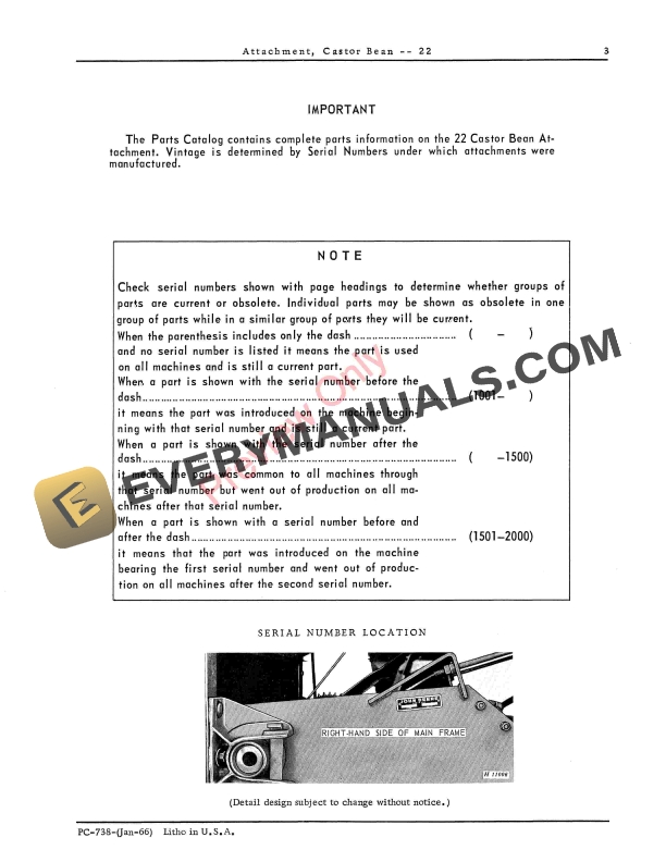 John Deere Castor Bean Attachment – 22 for 55 Combines Parts Catalog PC738 01JAN66-5