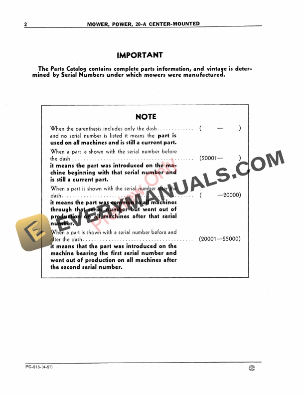 John Deere Center-Mounted Power Mower – 20A Parts Catalog PC515 01APR57-4