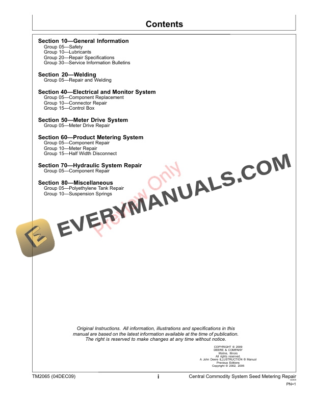 John Deere Central Commodity System Seed Metering Technical Manual TM2065 04DEC09 3