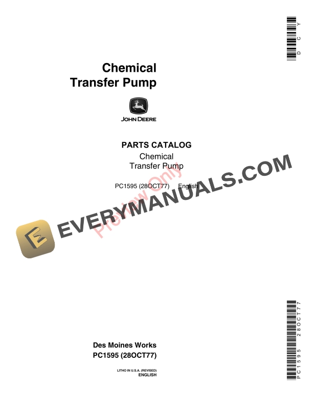 John Deere Chemical Transfer Pump Parts Catalog PC1595 28OCT77-1