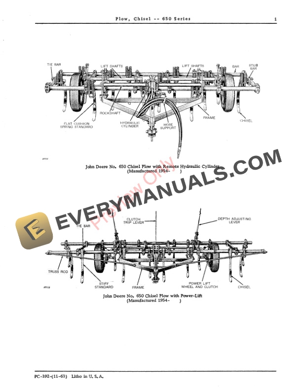 John Deere Chisel Plow (Series Drawn Tool Carriers) – 650 Series Parts Catalog PC392 01NOV63-3