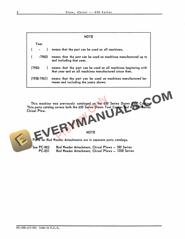 John Deere Chisel Plow (Series Drawn Tool Carriers) – 650 Series Parts Catalog PC392 01NOV63-4