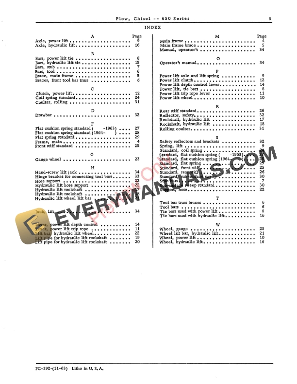 John Deere Chisel Plow (Series Drawn Tool Carriers) – 650 Series Parts Catalog PC392 01NOV63-5