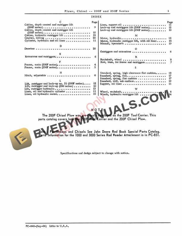 John Deere Chisel Plows – 200F, 250F Series Parts List PC840 01MAR64-5