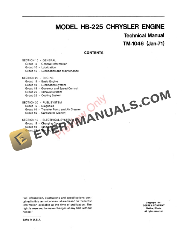 John Deere Chrysler HB 225 Engine Technical Manual TM1046 01JAN71 3