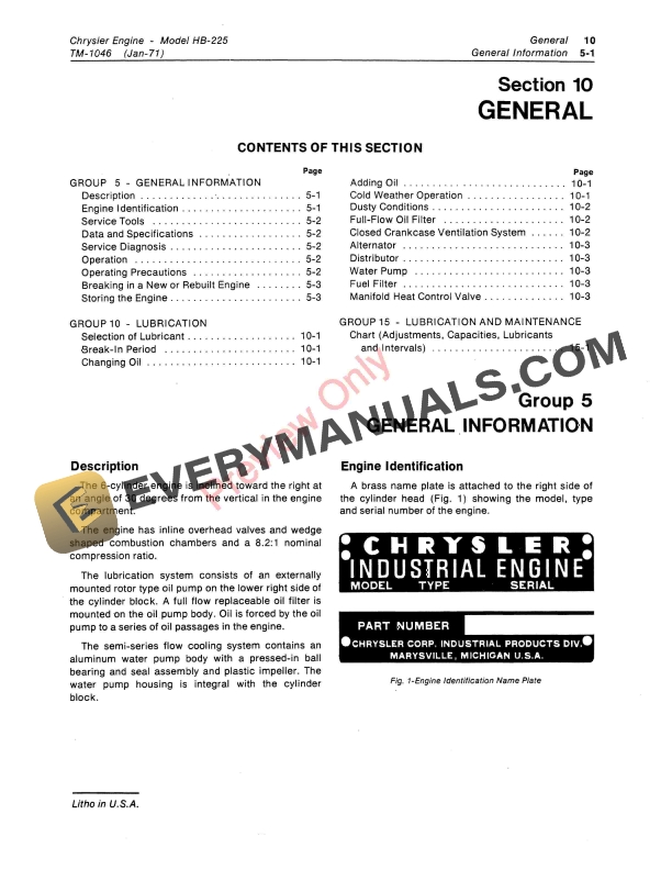 John Deere Chrysler HB 225 Engine Technical Manual TM1046 01JAN71 5