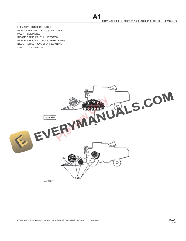 John Deere Comb. Attachment 4 for 902, 905, 1000, 1100 Series Combines Parts Catalog PC4148 01MAY98-3