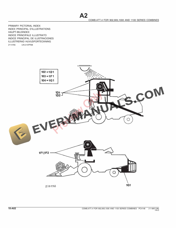 John Deere Comb. Attachment 4 for 902, 905, 1000, 1100 Series Combines Parts Catalog PC4148 01MAY98-4