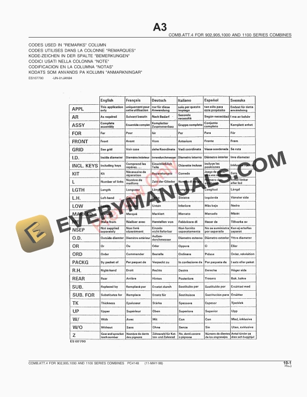 John Deere Comb. Attachment 4 for 902, 905, 1000, 1100 Series Combines Parts Catalog PC4148 01MAY98-5